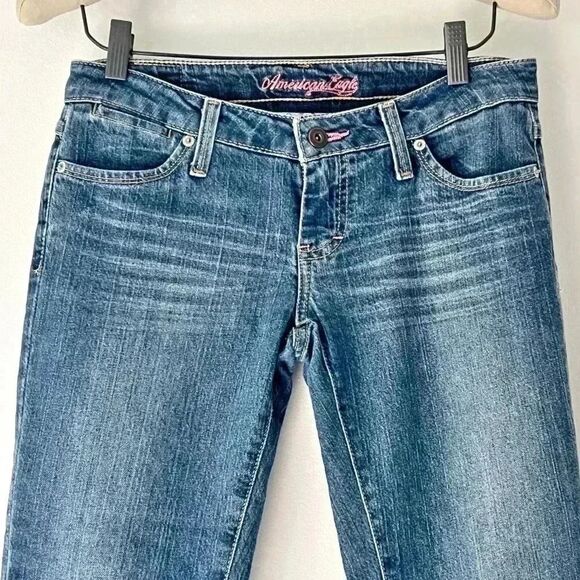 Y2K American Eagle Limited Blue Issue Cropped Jeans Women’s 2 Reg Pink Stitch - Picture 2 of 14